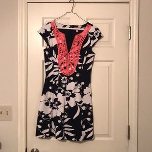 Navy and white floral knit dress